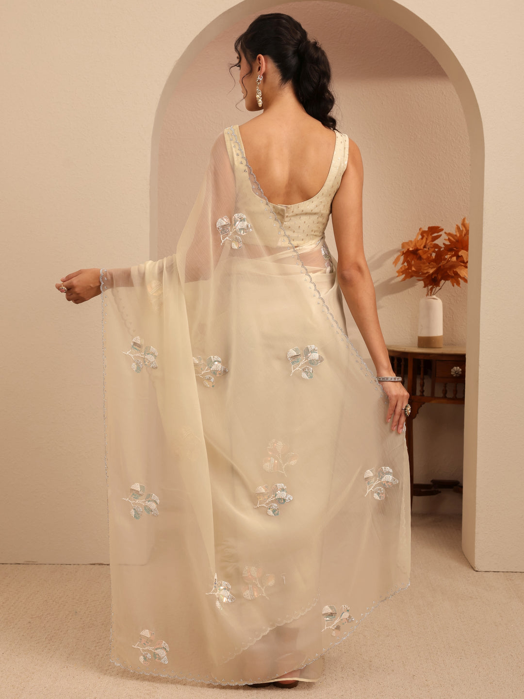  Cream Floral Embellished Tissue Saree 