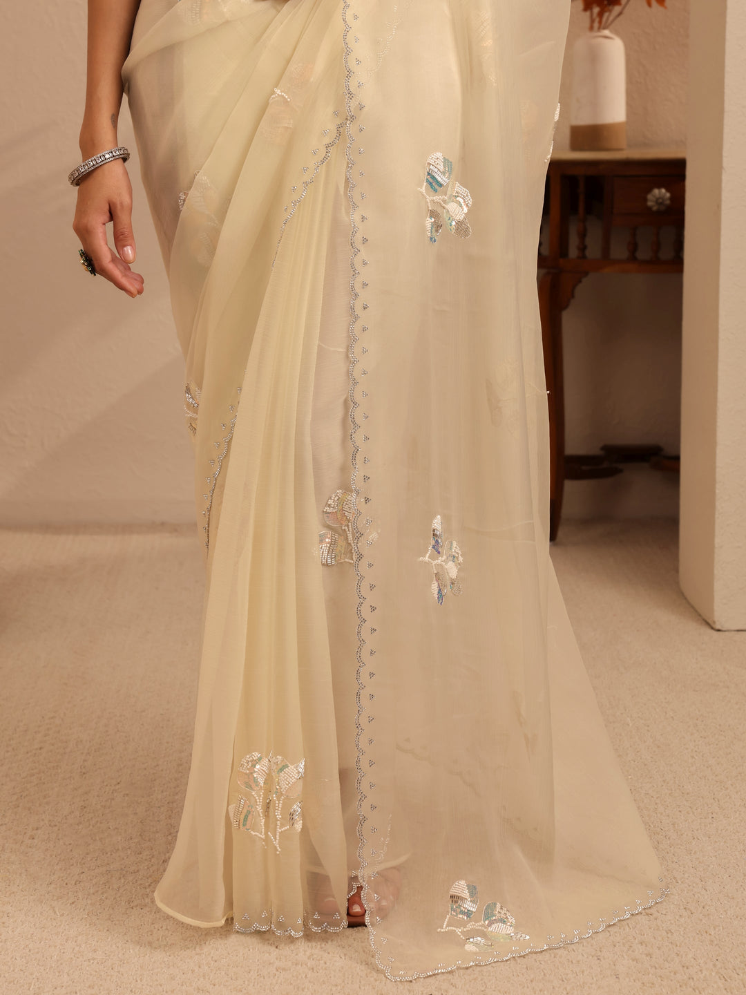  Cream Floral Embellished Tissue Saree 