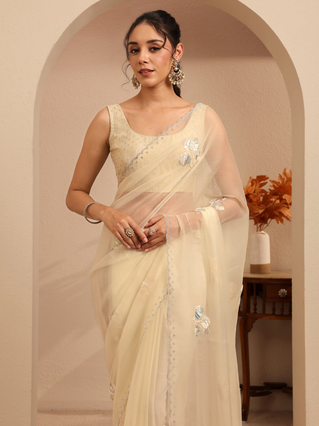  Cream Floral Embellished Tissue Saree 