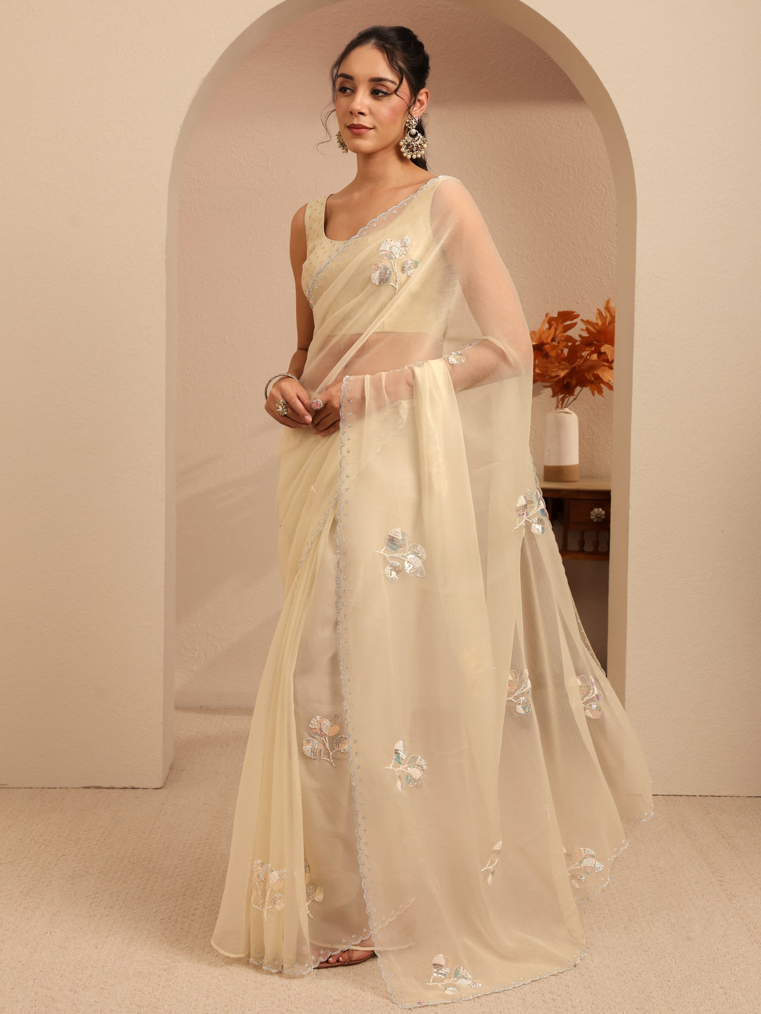  Cream Floral Embellished Tissue Saree 