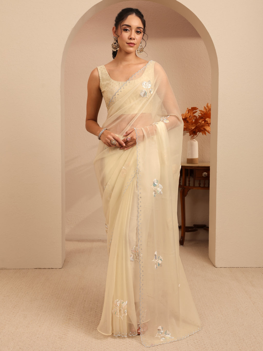  Cream Floral Embellished Tissue Saree 