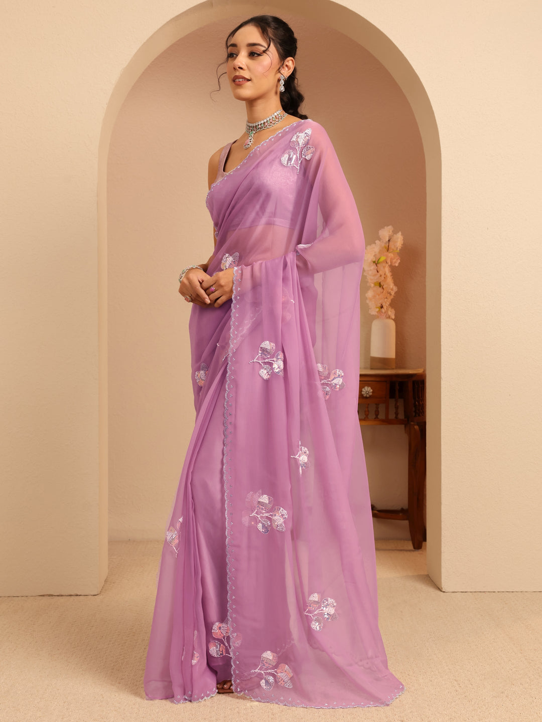  Lavender Floral Embellished Tissue Saree 