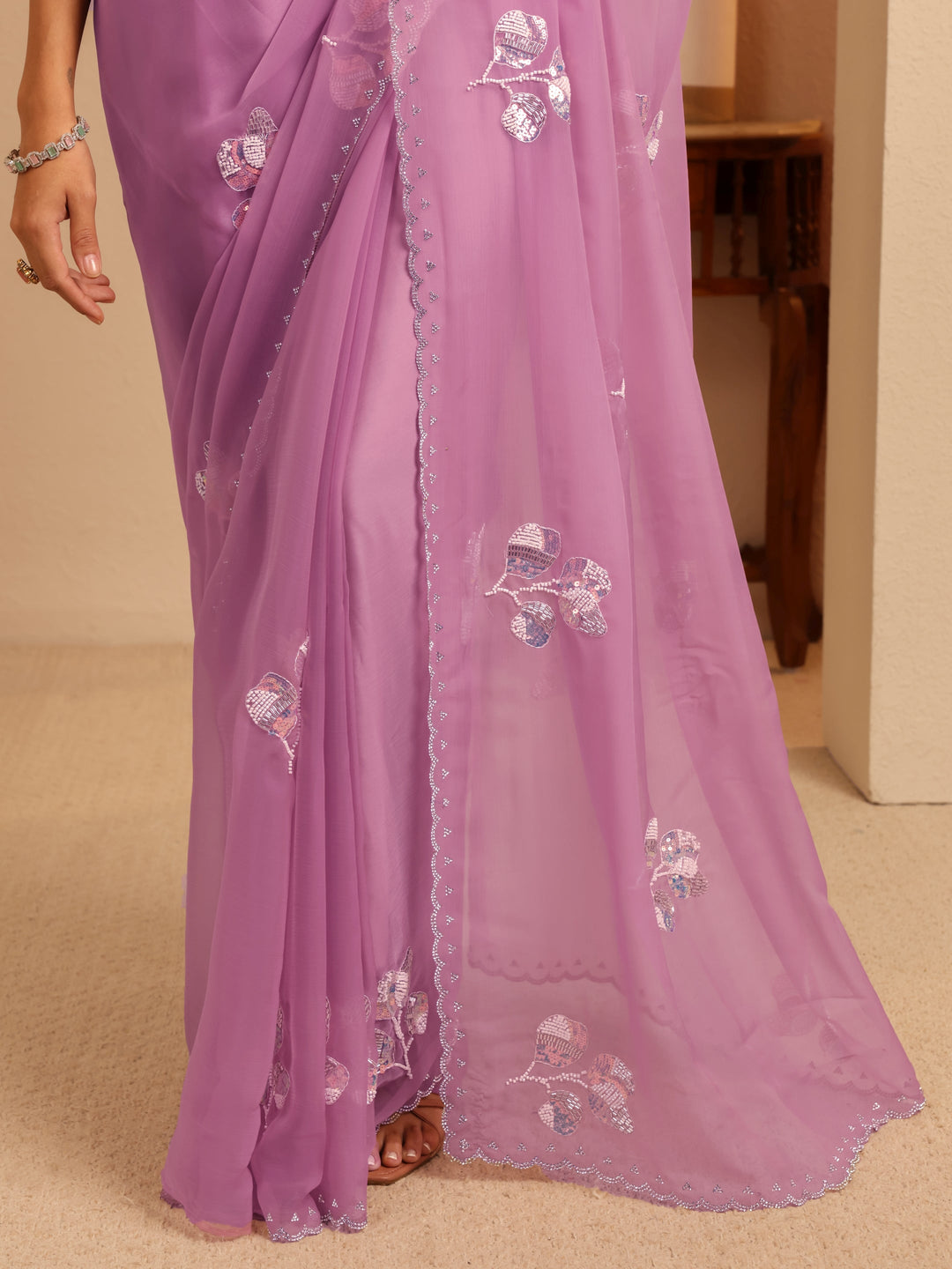  Lavender Floral Embellished Tissue Saree 