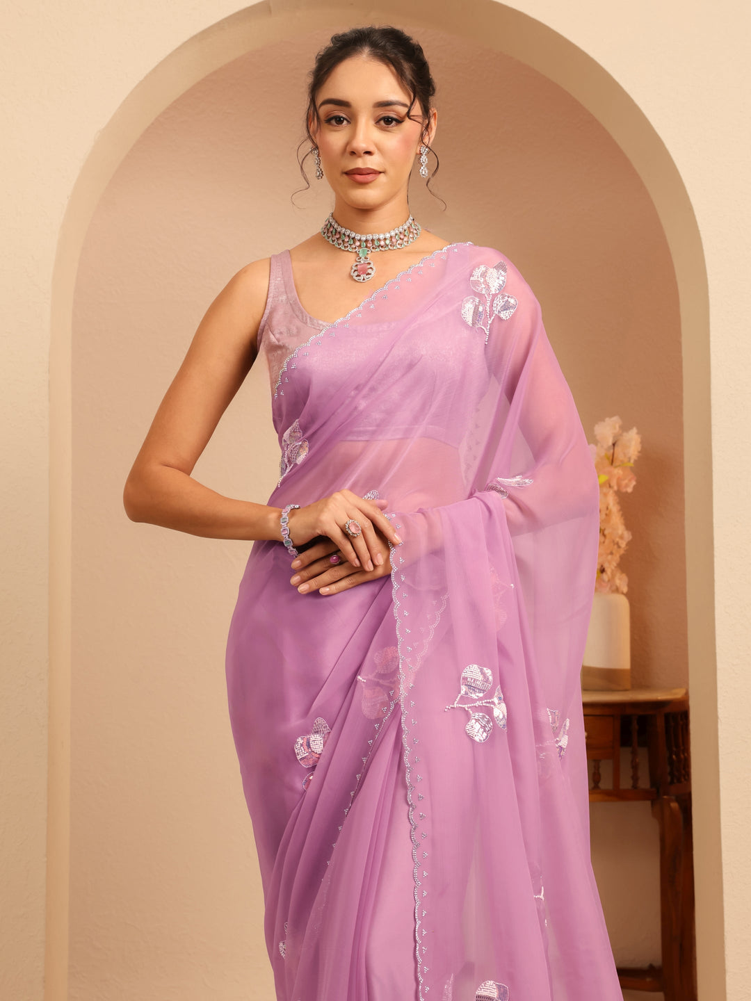  Lavender Floral Embellished Tissue Saree 