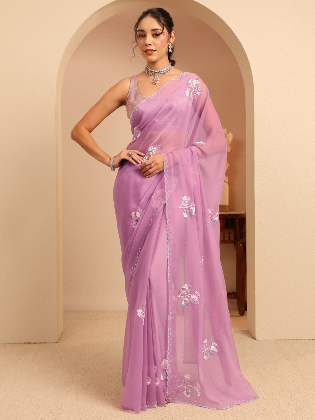  Lavender Floral Embellished Tissue Saree 
