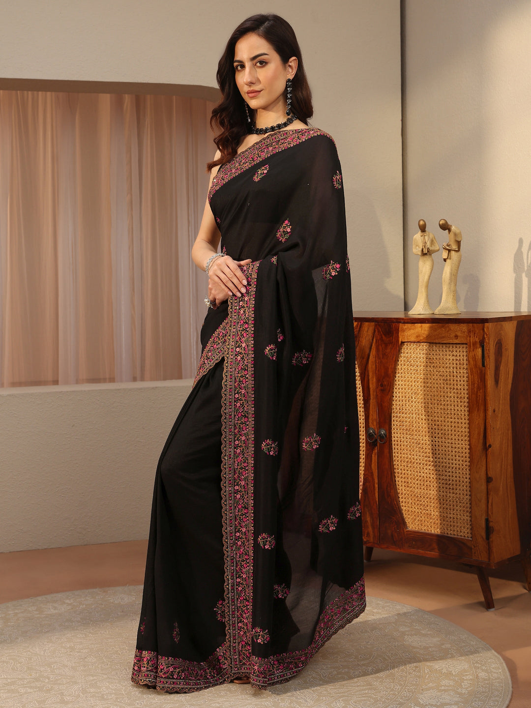  Black Floral Embroidered Silk Blend Saree 