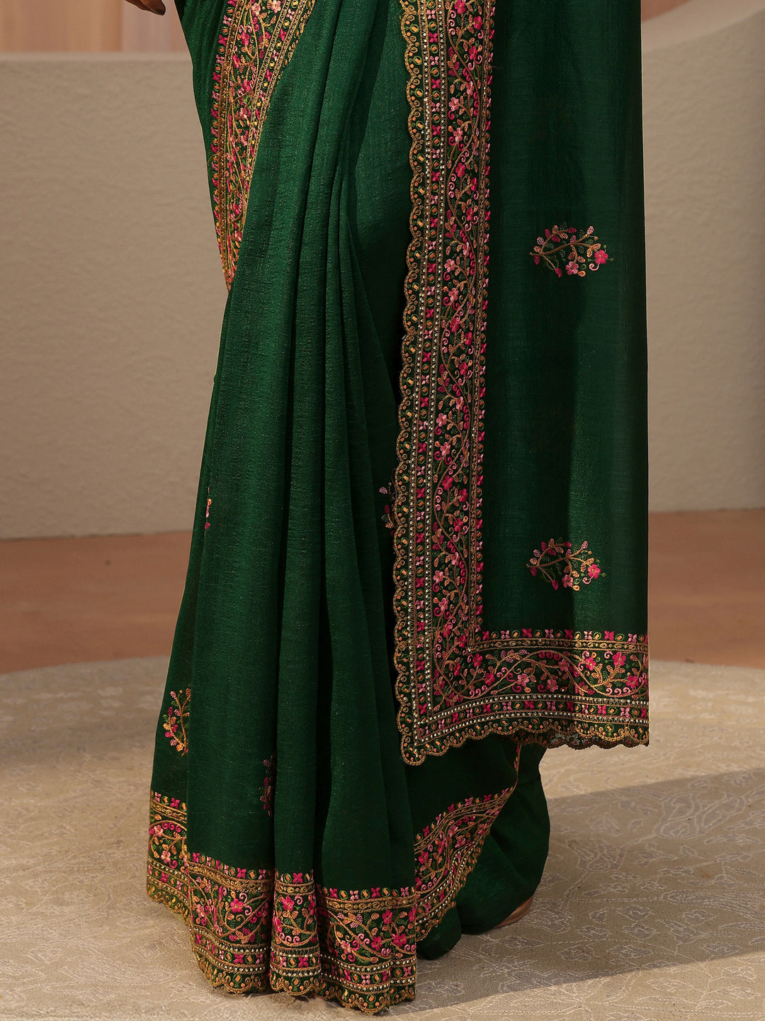 Bottle Green Floral Embroidered Silk Blend Saree 