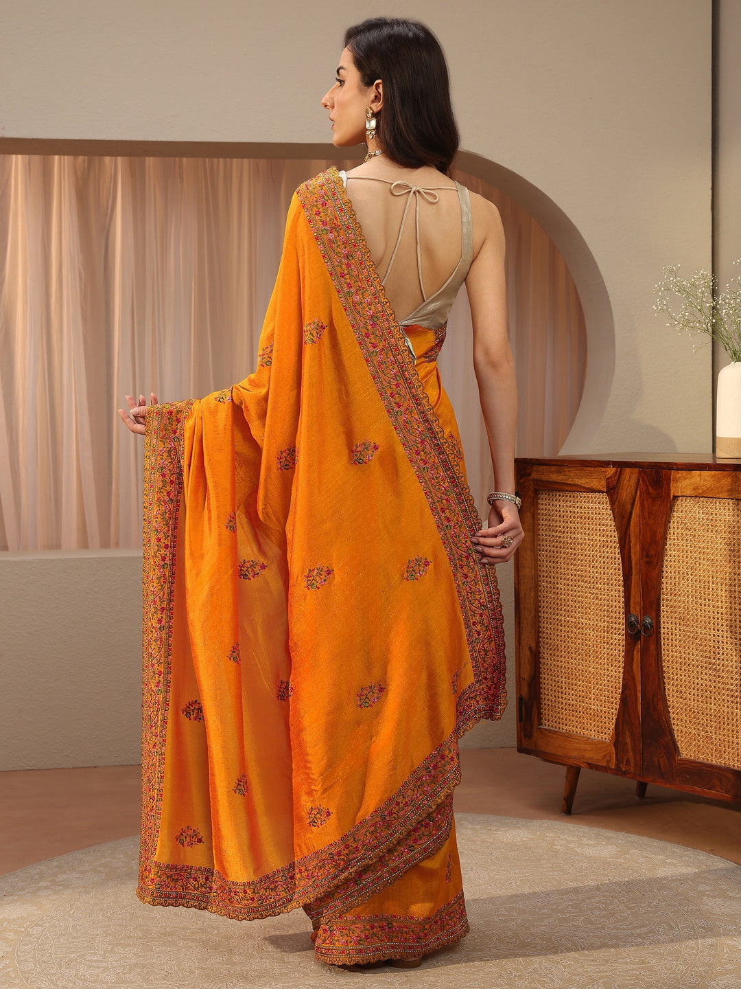  Mustard Floral Embroidered Silk Blend Saree 
