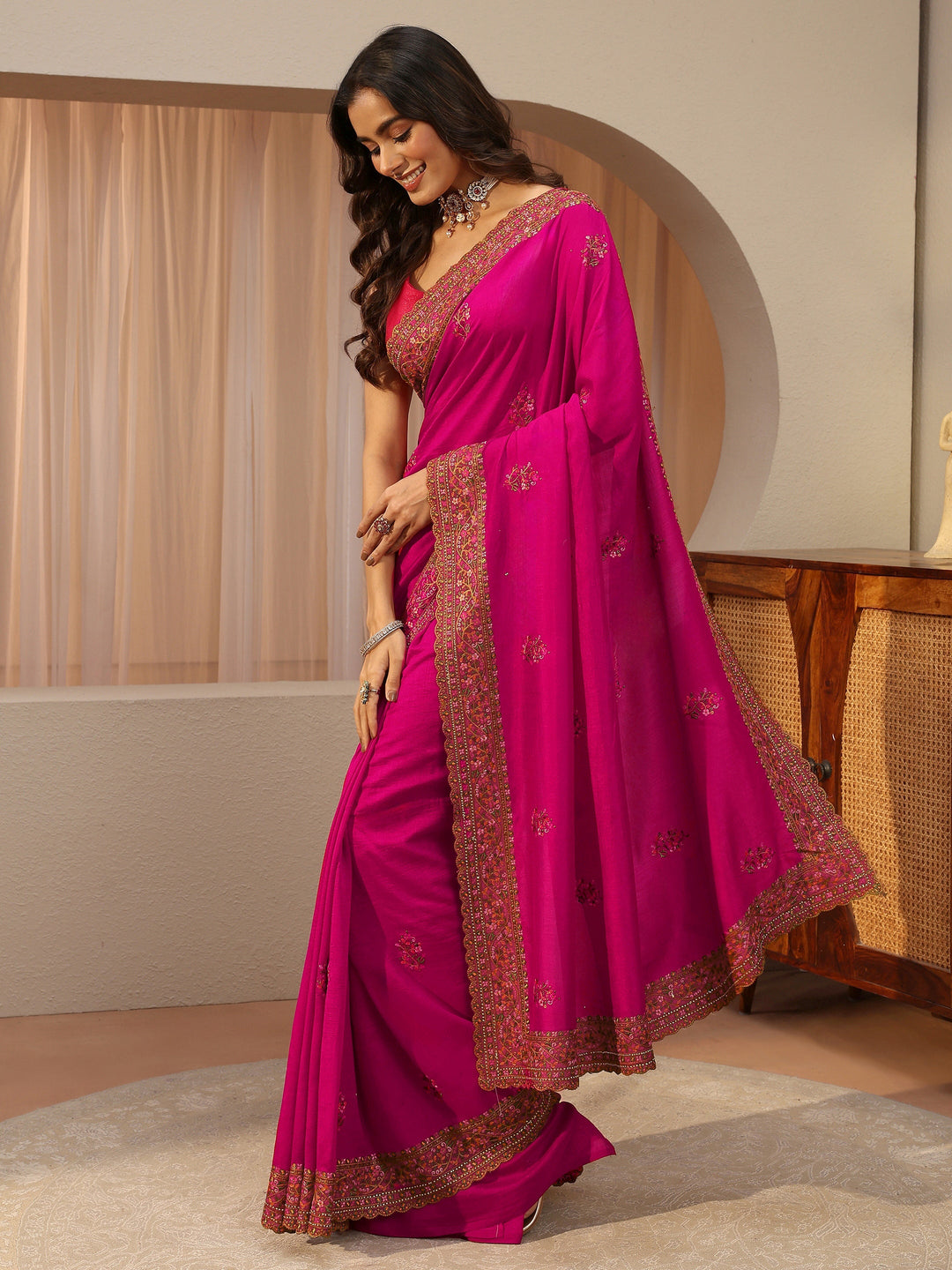  Rani Pink Floral Embroidered Silk Blend Saree 