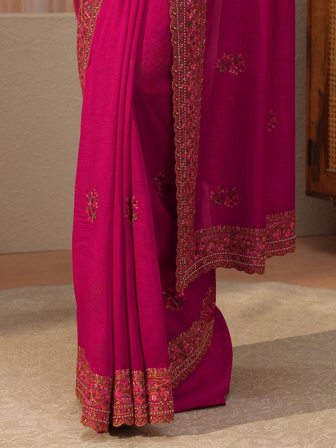  Rani Pink Floral Embroidered Silk Blend Saree 