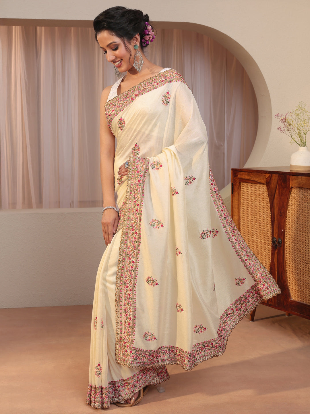  Cream Floral Embroidered Silk Blend Saree 
