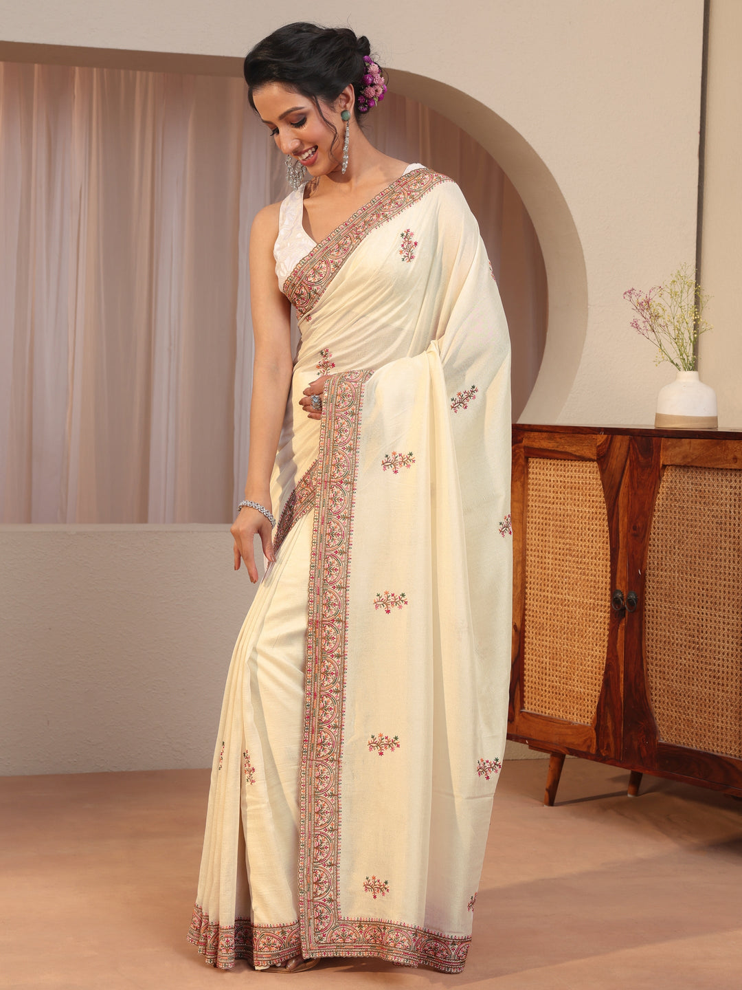  Cream Floral Embroidered Silk Blend Saree 