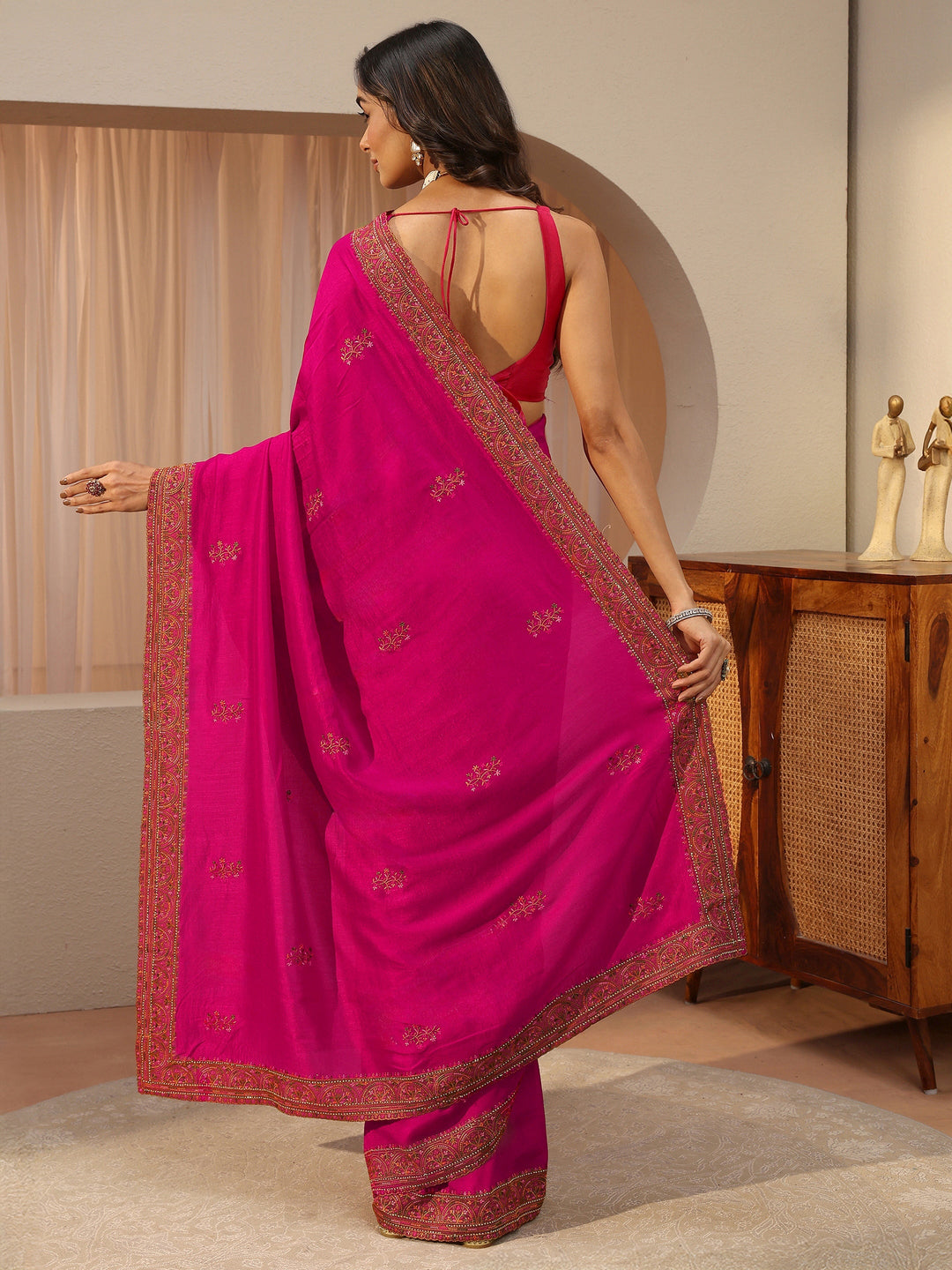  Rani Pink Floral Embroidered Silk Blend Saree 