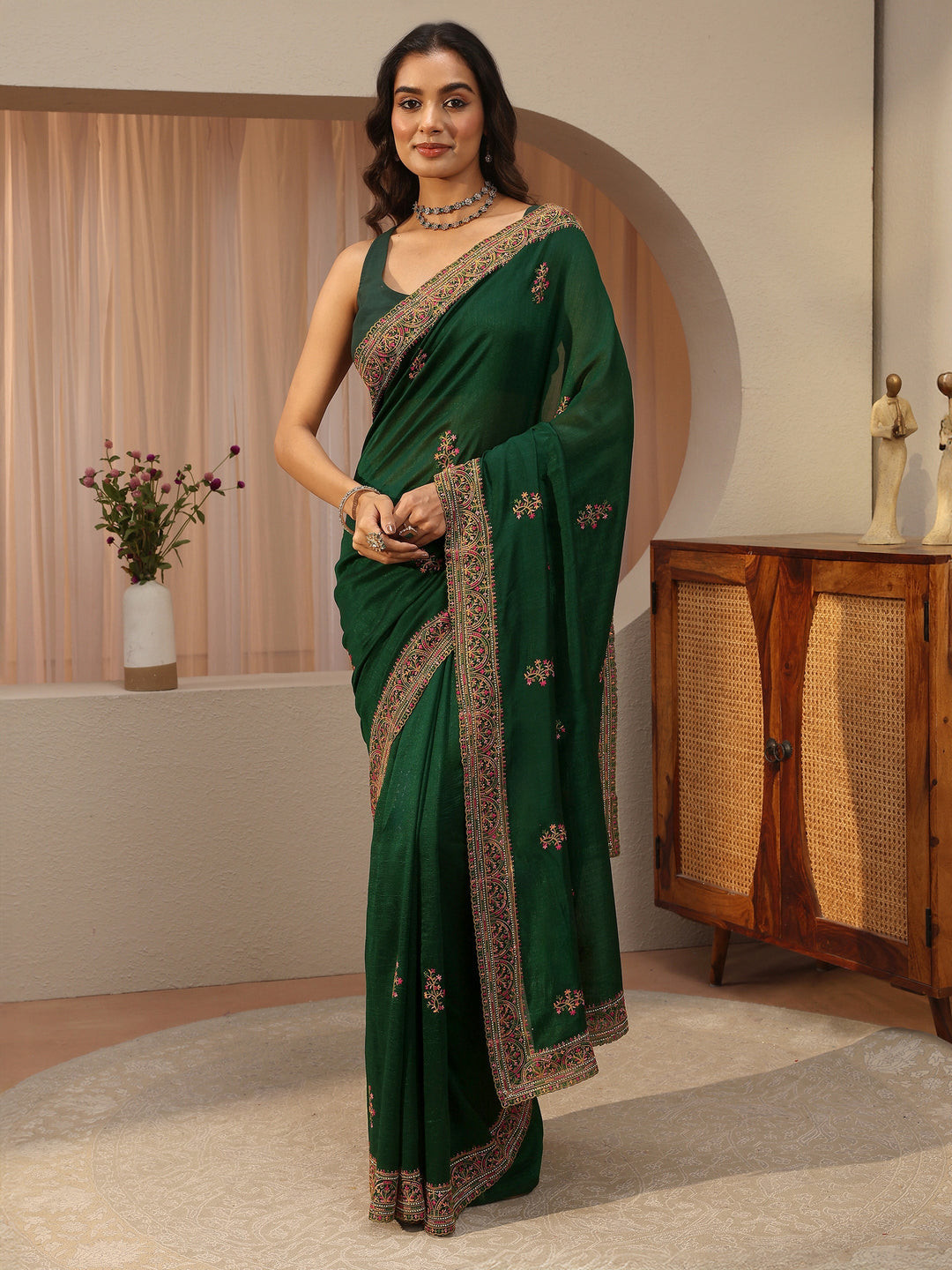  Bottle Green Floral Embroidered Silk Blend Saree 