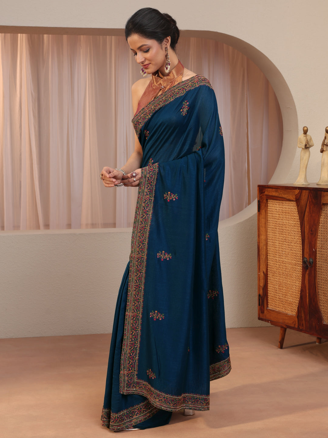  Persian Blue Floral Embroidered Silk Blend Saree 