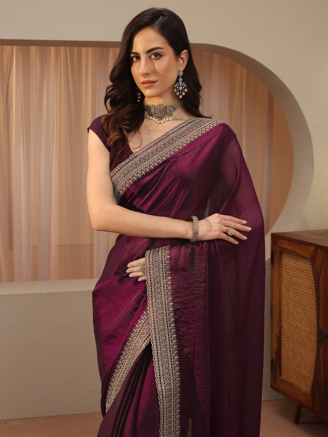  Burgundy Tissue Saree 