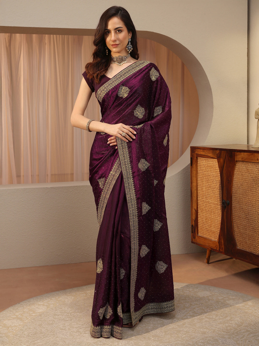  Burgundy Ethnic Embellished Tissue Saree 