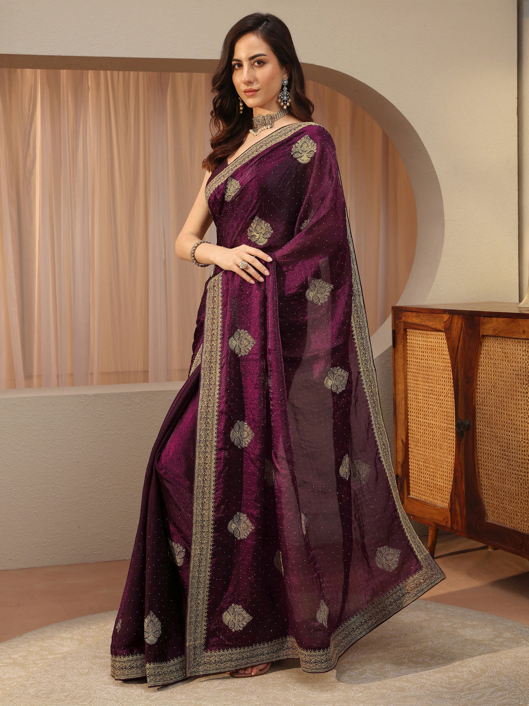  Burgundy Ethnic Embellished Tissue Saree 