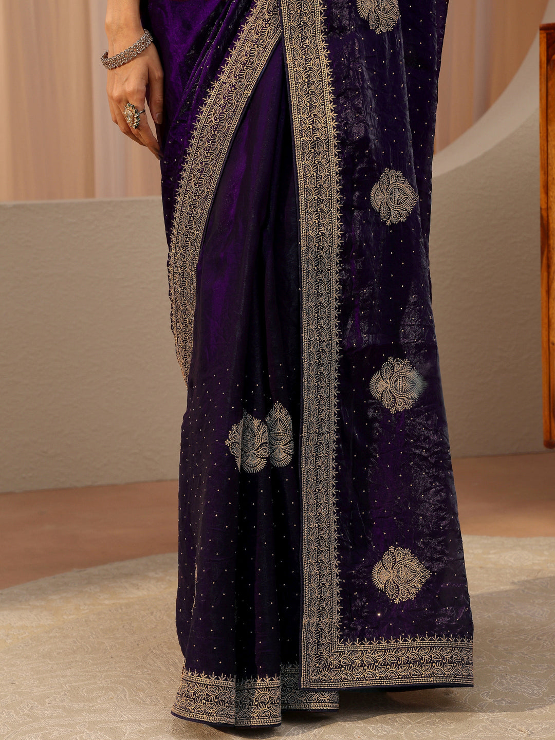  Aubergine Purple Ethnic Embellished Tissue Saree 