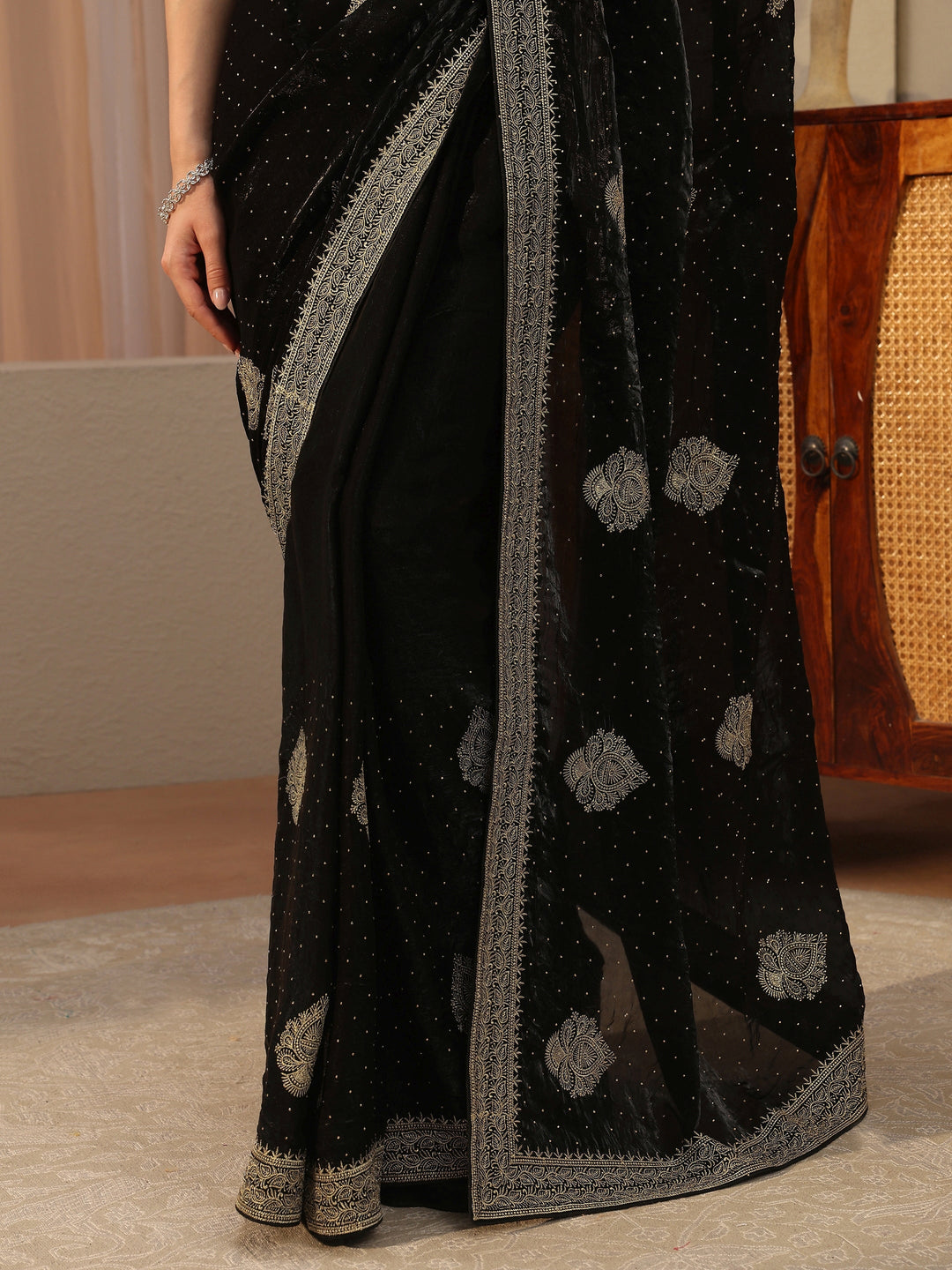  Black Ethnic Embellished Tissue Saree 