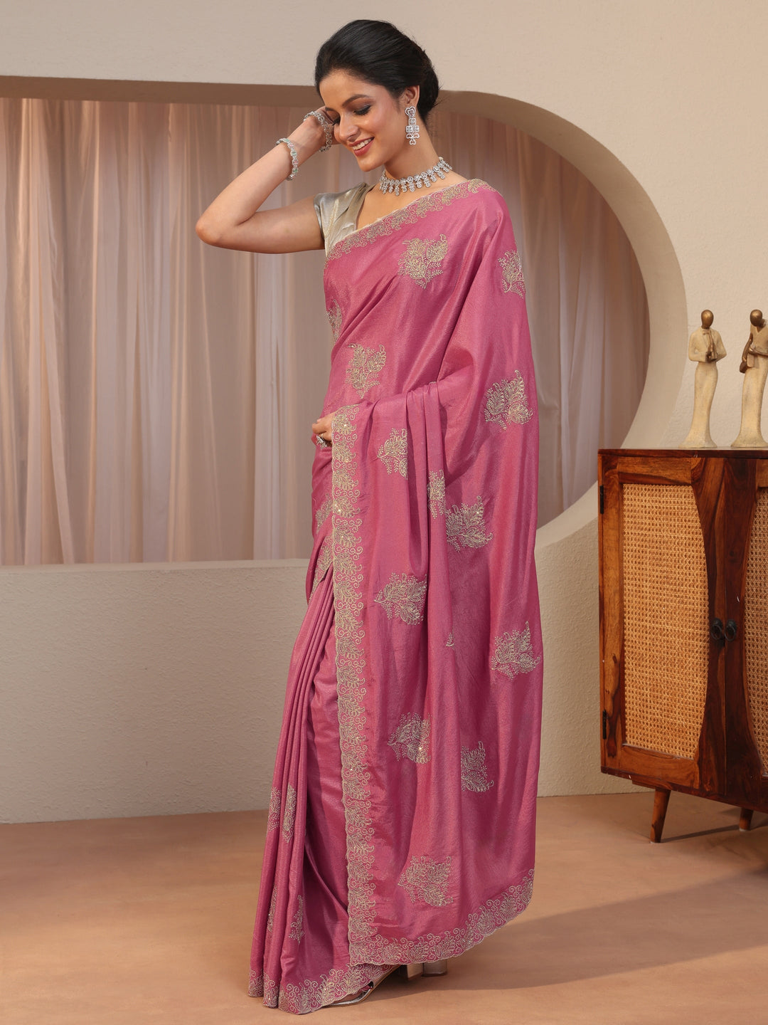  Pink Embellished Satin Saree 