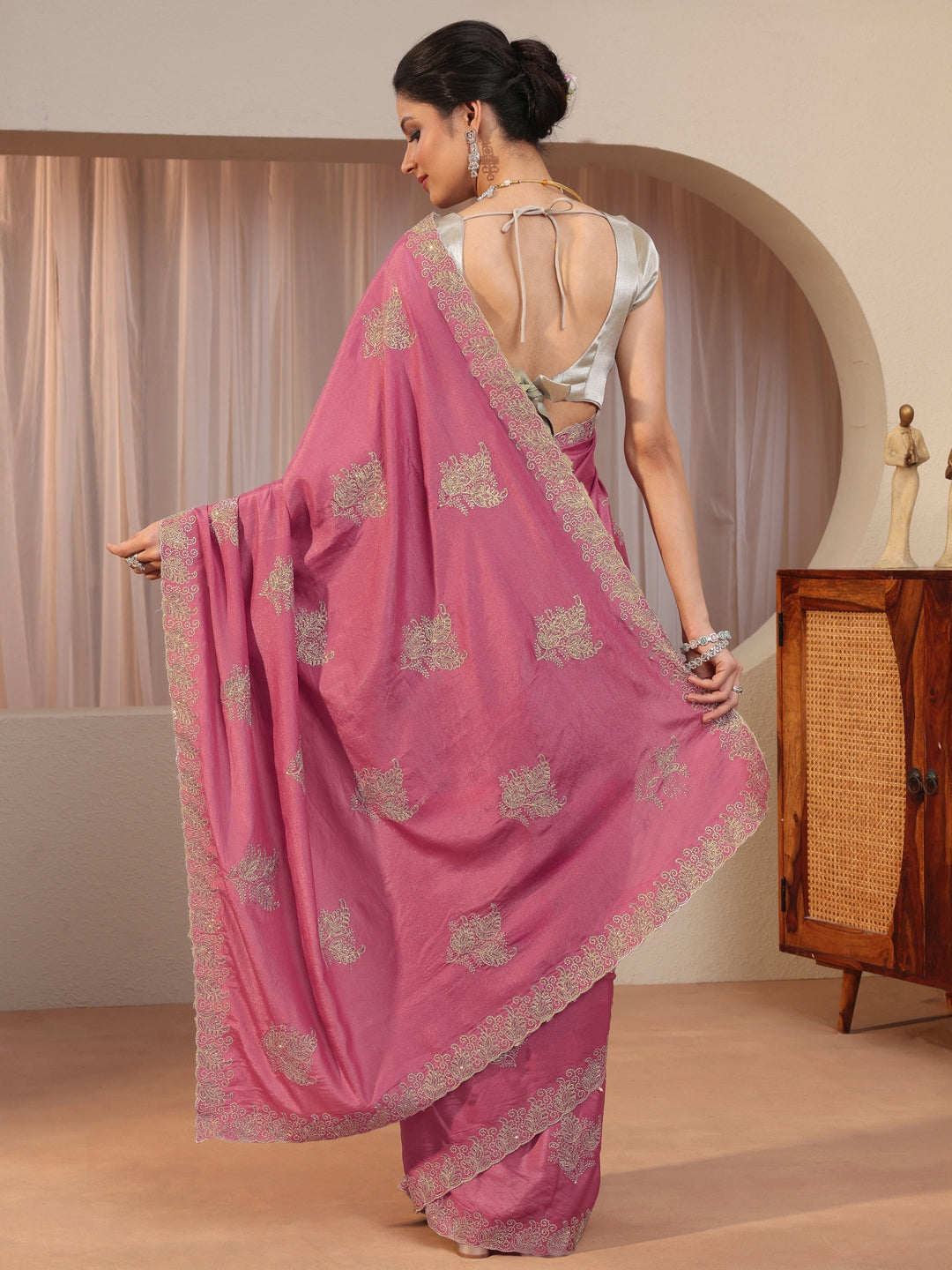  Pink Embellished Satin Saree 