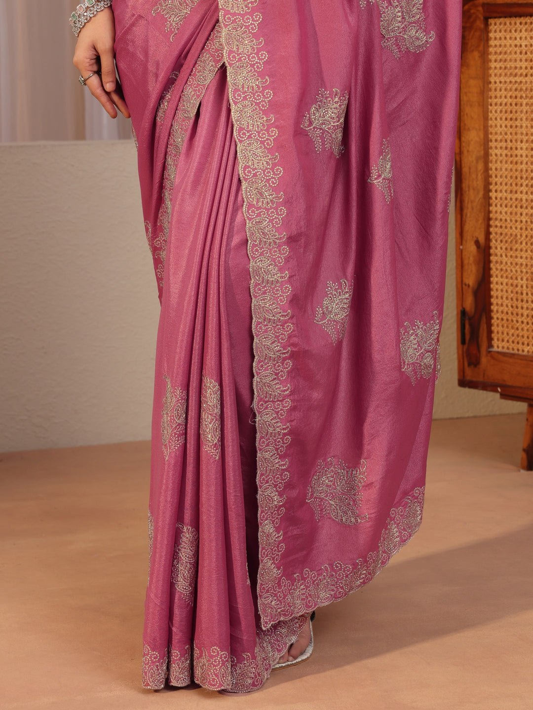  Pink Embellished Satin Saree 