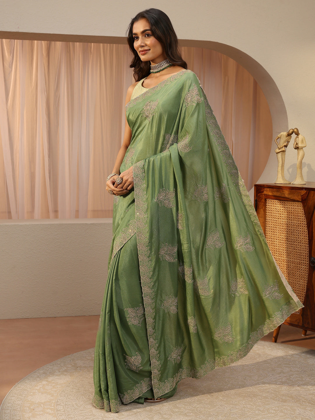  Sage Green Embellished Satin Saree 