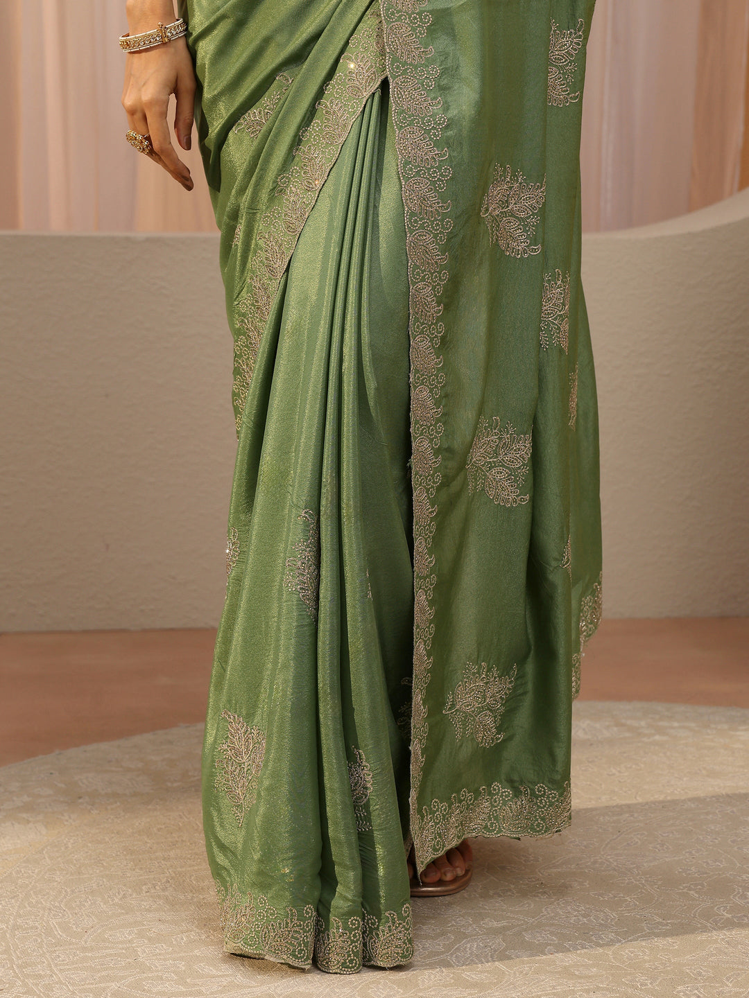  Sage Green Embellished Satin Saree 