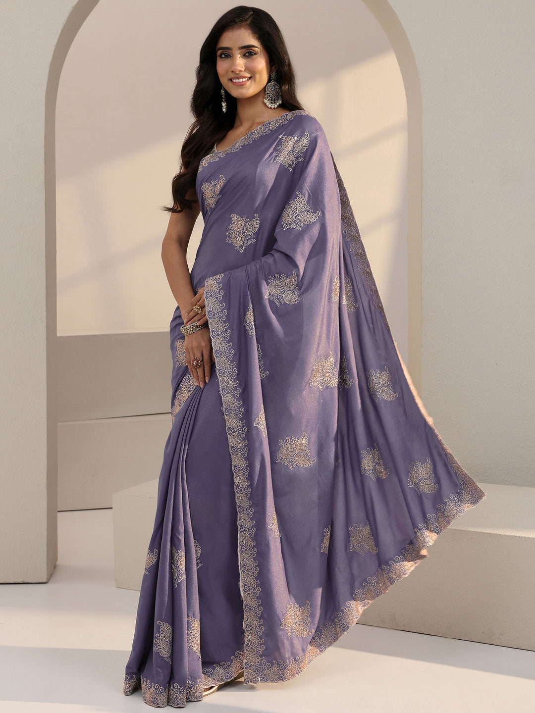  Lavender Floral Embellished Satin Saree 