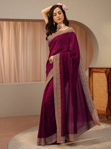 Maroon Embellished Silk Blend Saree