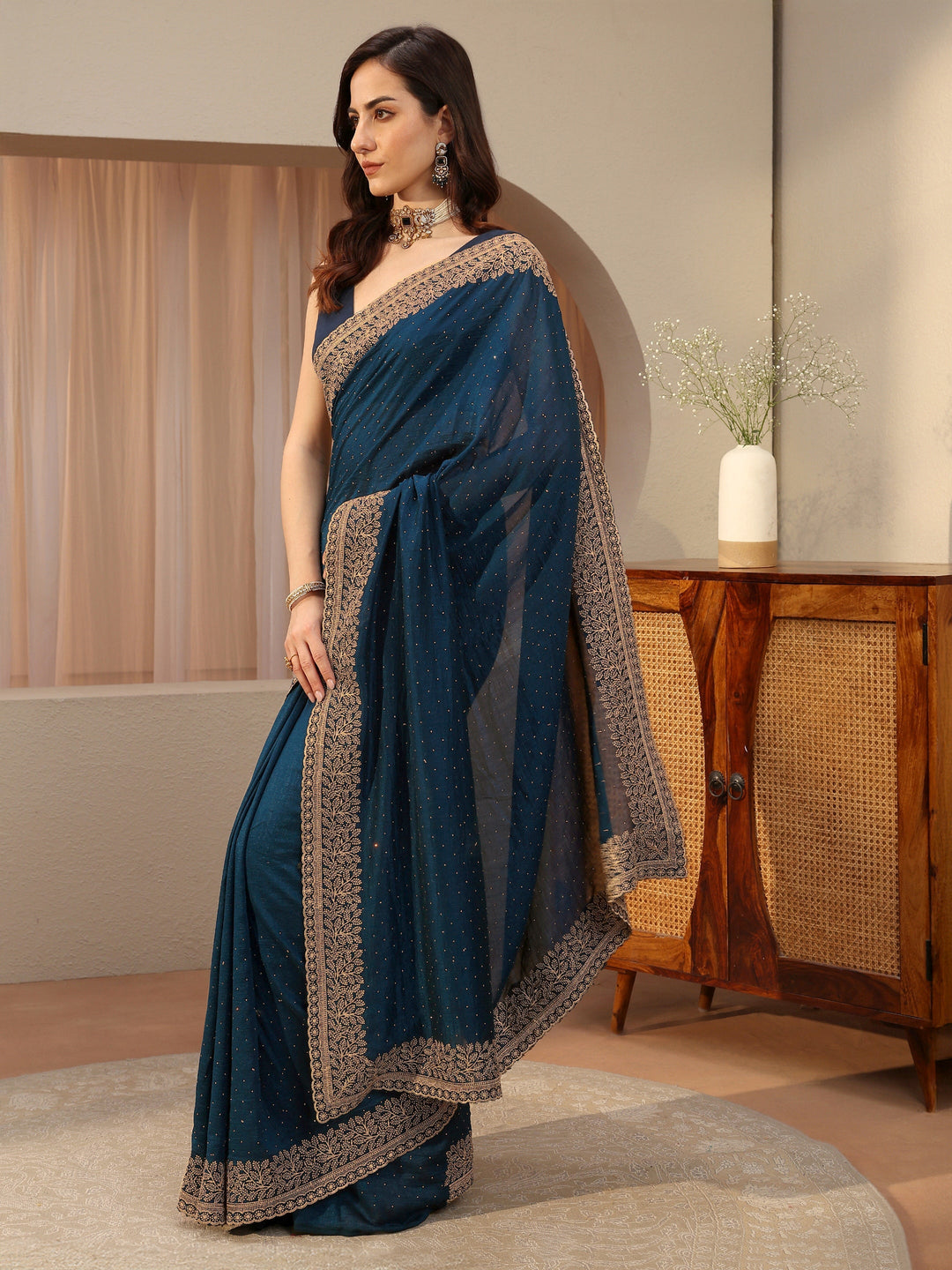  Navy Blue Embellished Silk Blend Saree 