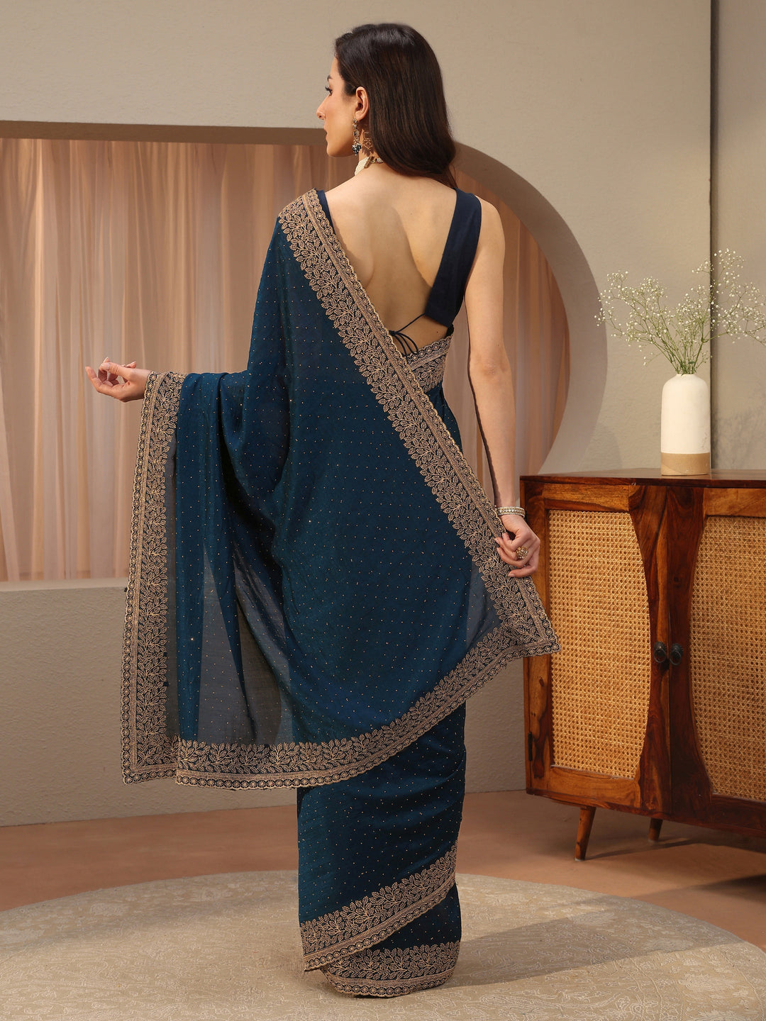  Navy Blue Embellished Silk Blend Saree 