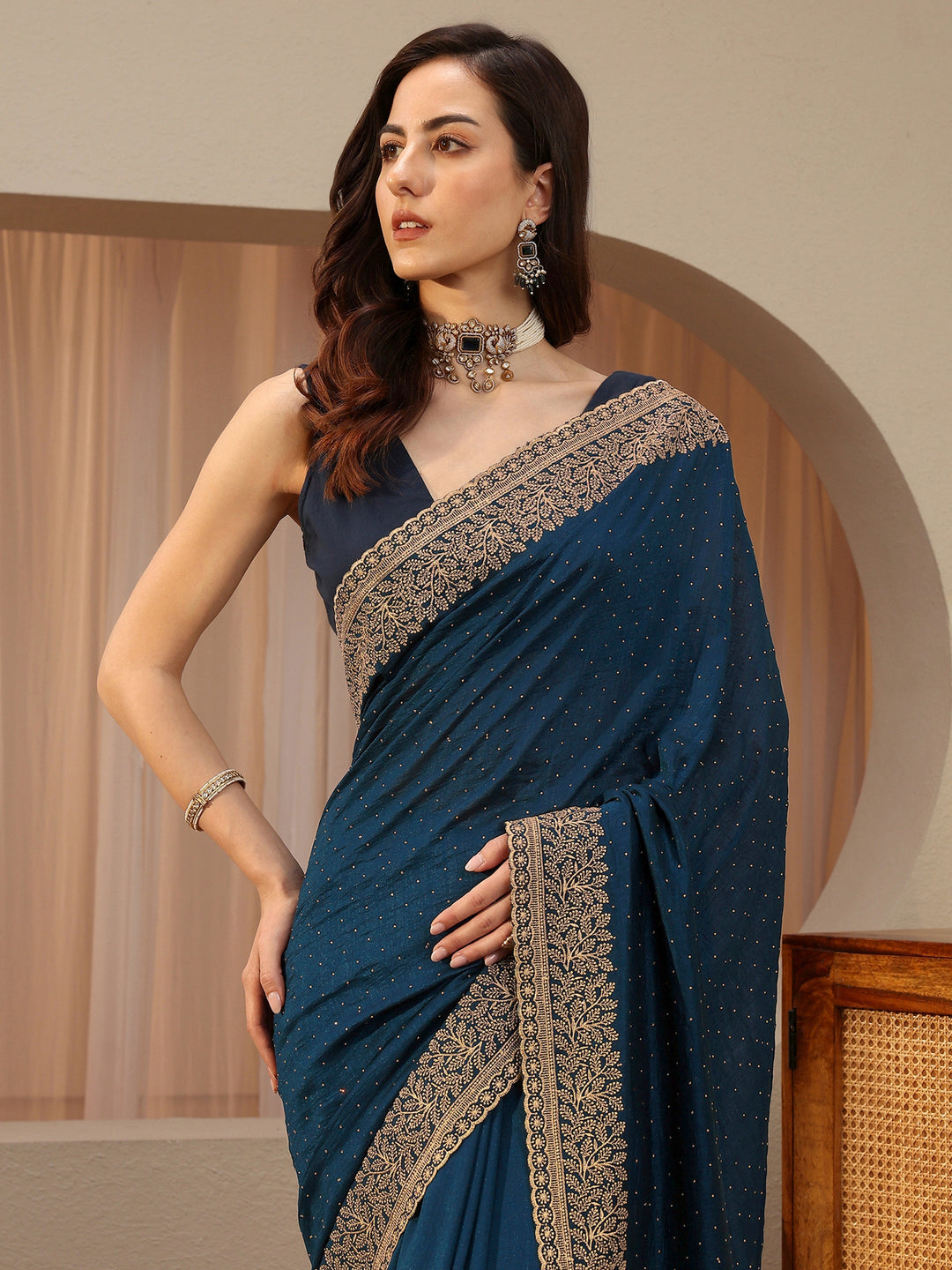  Navy Blue Embellished Silk Blend Saree 