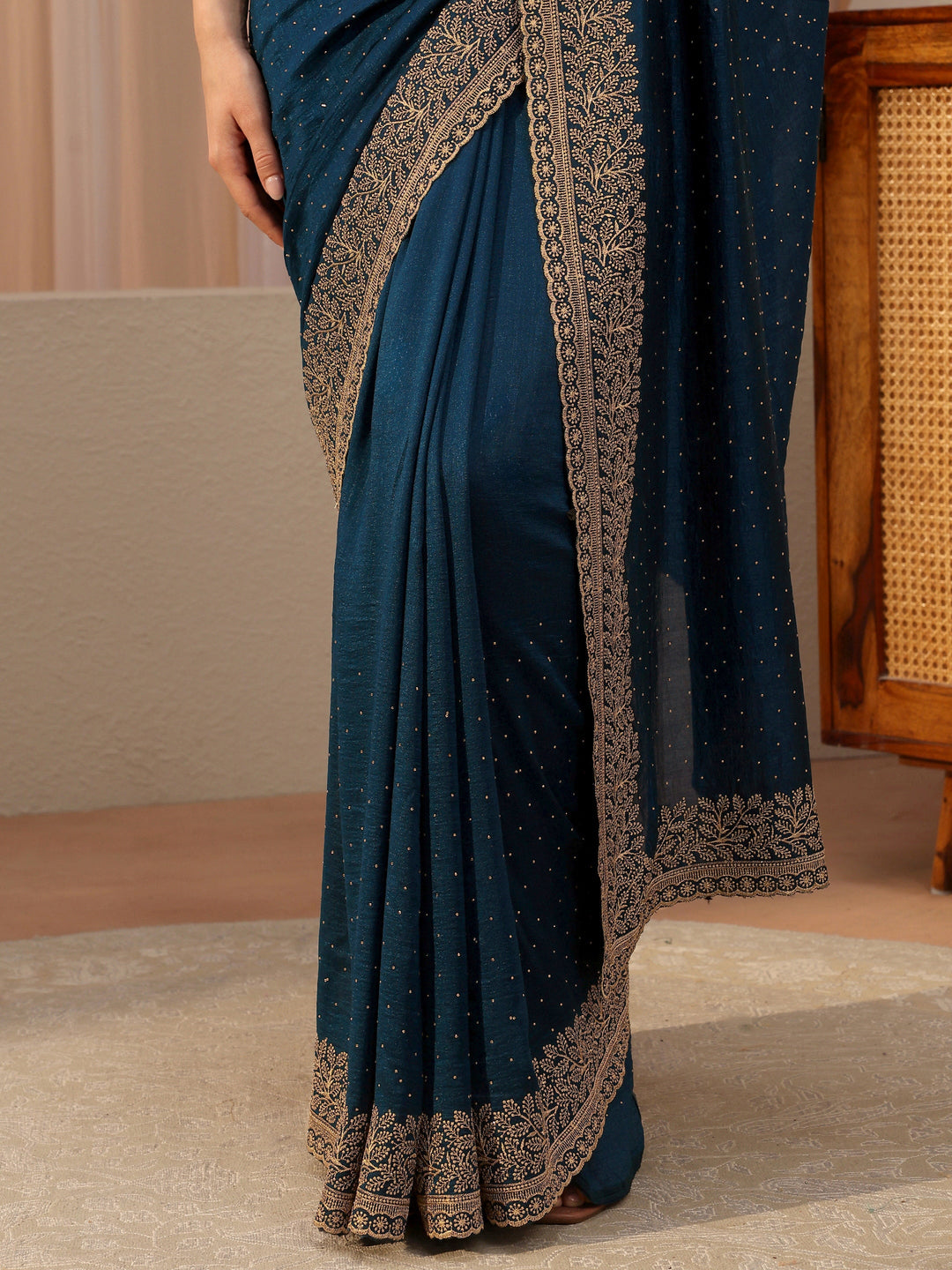  Navy Blue Embellished Silk Blend Saree 
