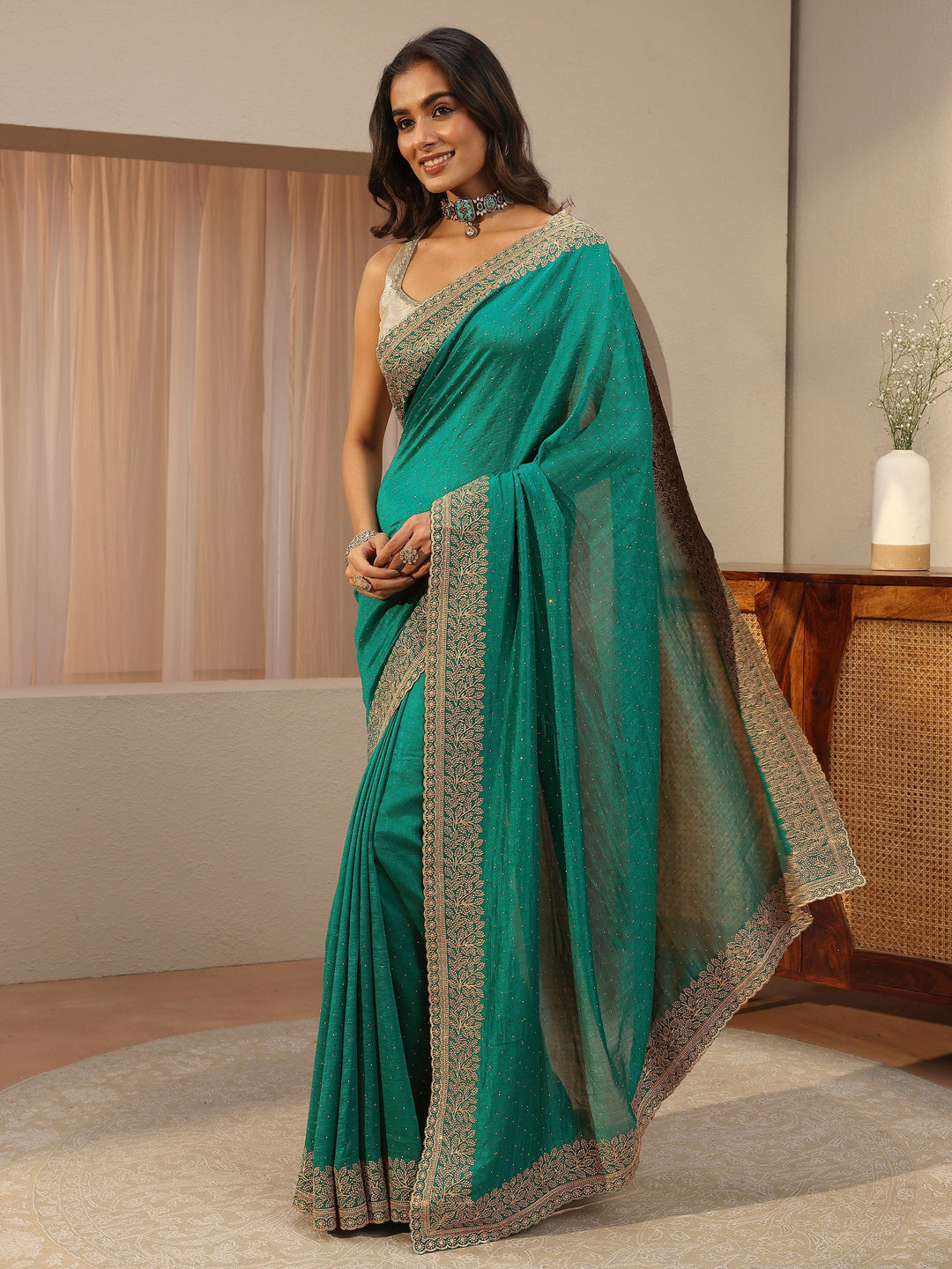  Aqua Green Embellished Silk Blend Saree 