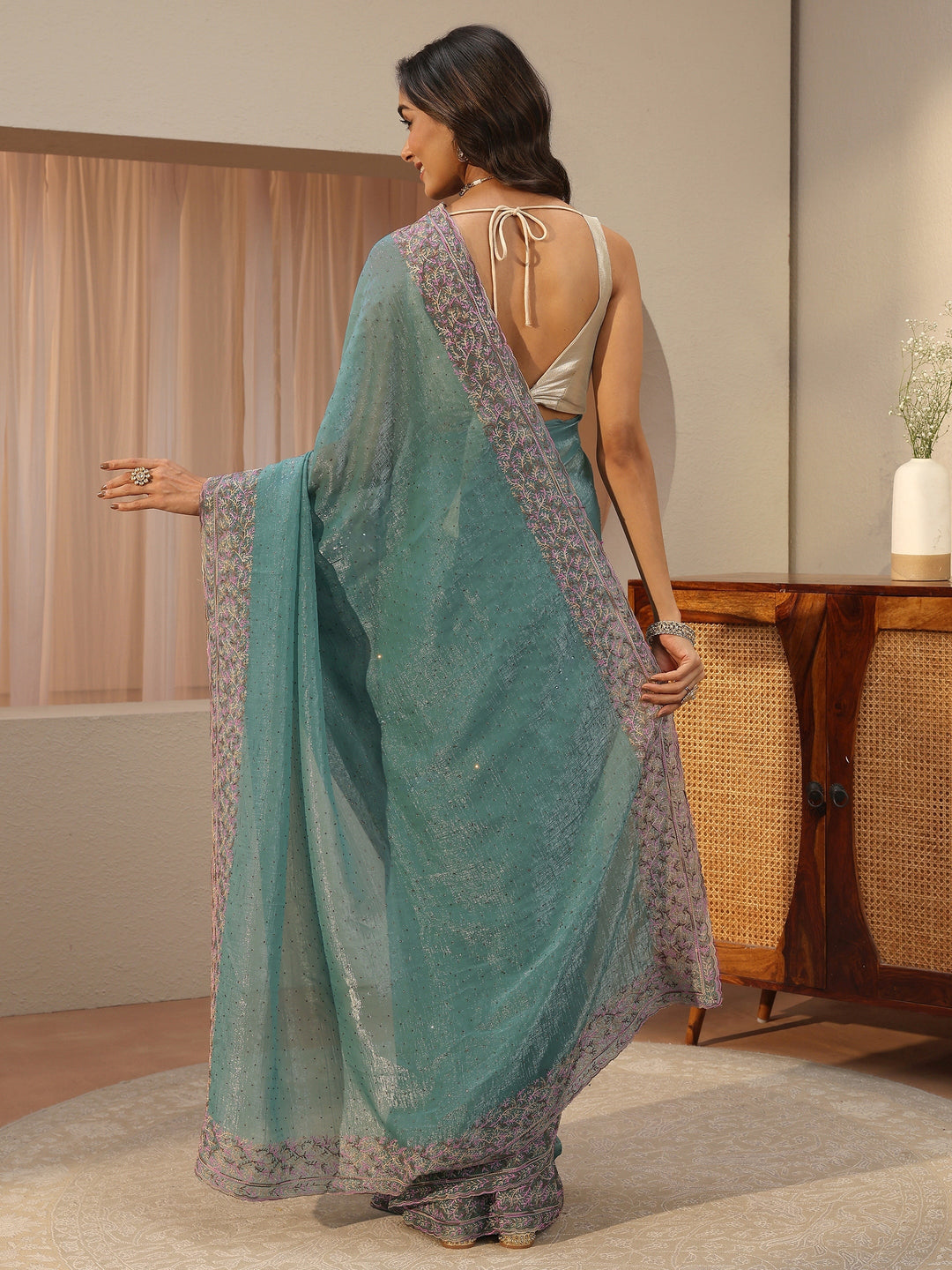  Powder Blue Embellished Tissue Saree 