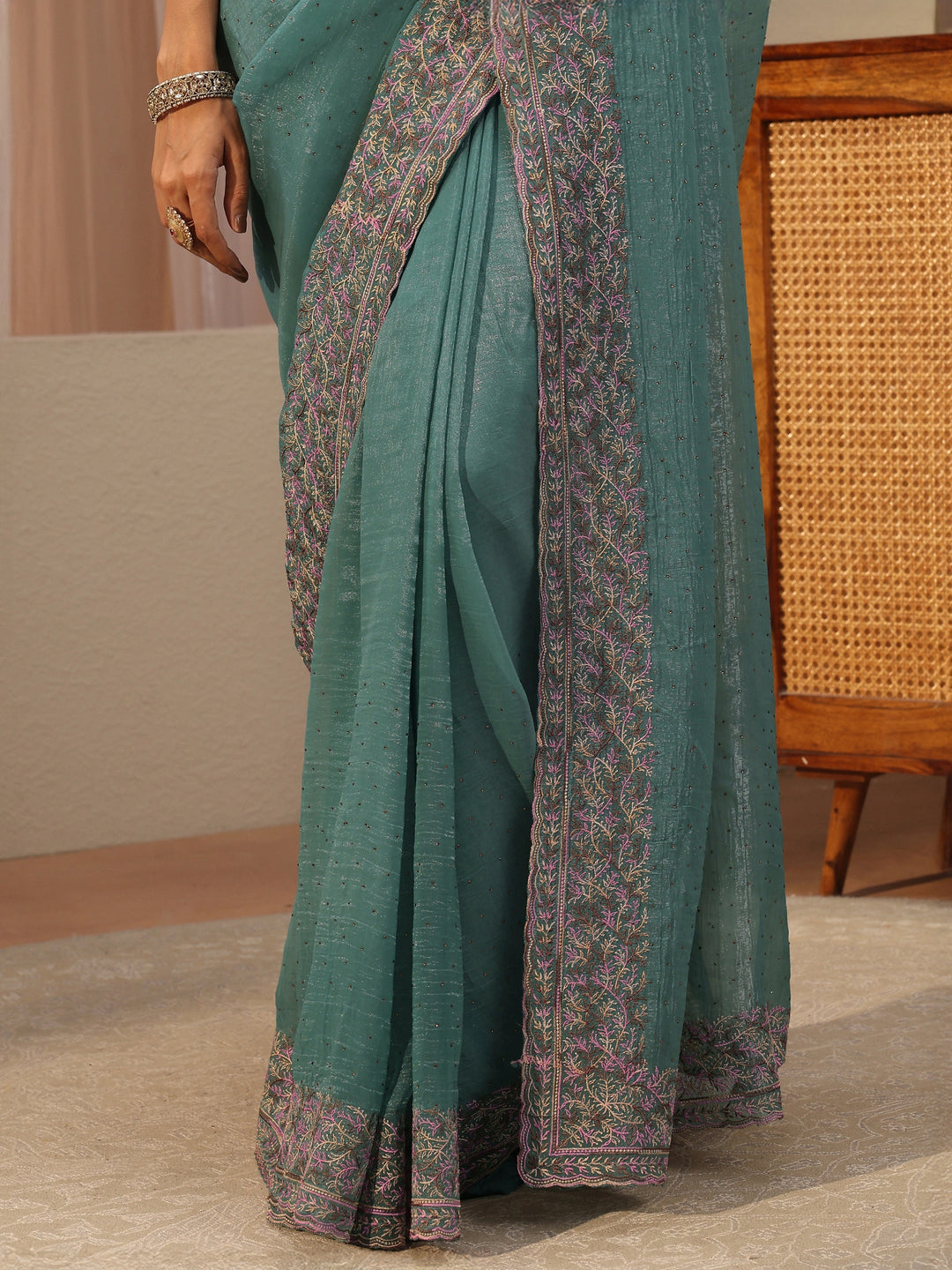  Powder Blue Embellished Tissue Saree 