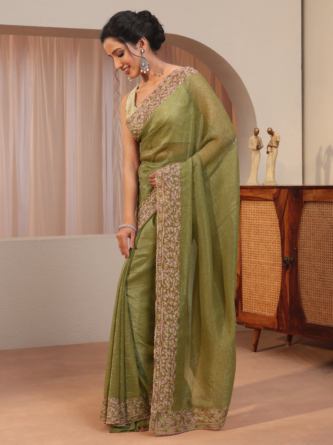  Leaf Green Tissue Saree With Embroidered Border 
