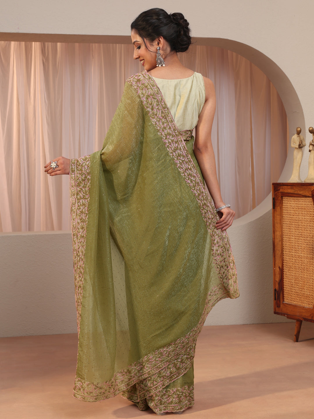  Leaf Green Tissue Saree With Embroidered Border 