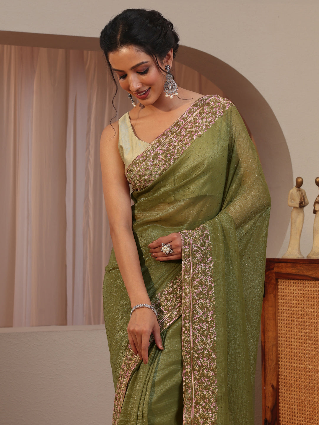  Leaf Green Tissue Saree With Embroidered Border 