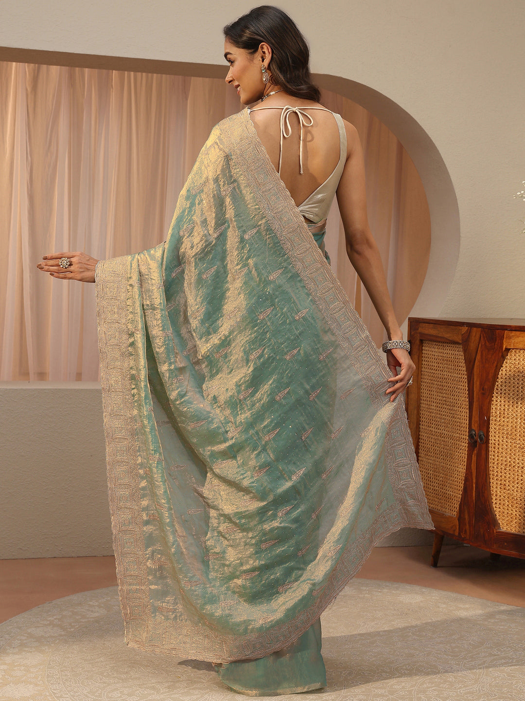  Seafoam Blue Ethnic Embellished Tissue Saree 