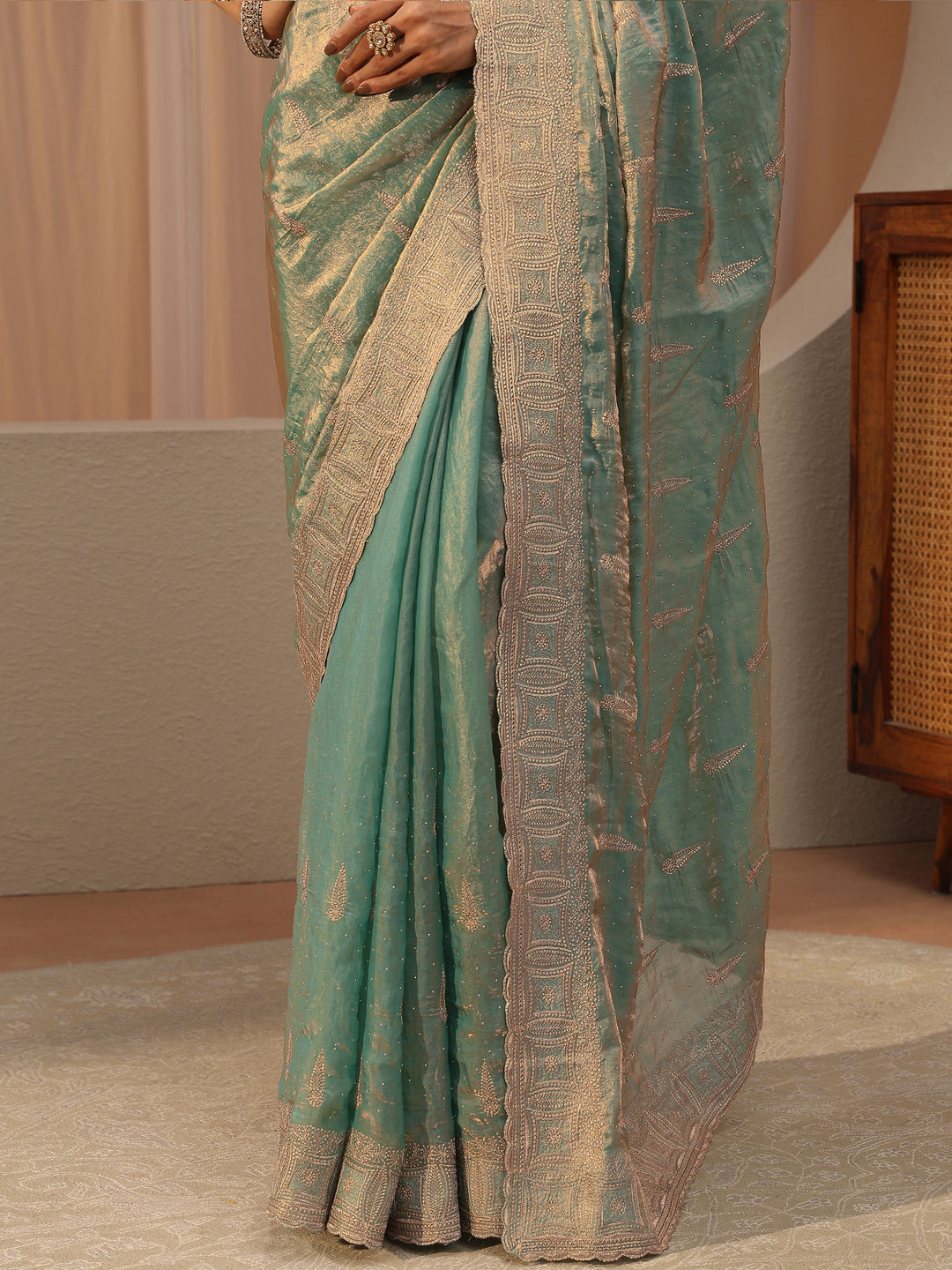  Seafoam Blue Ethnic Embellished Tissue Saree 
