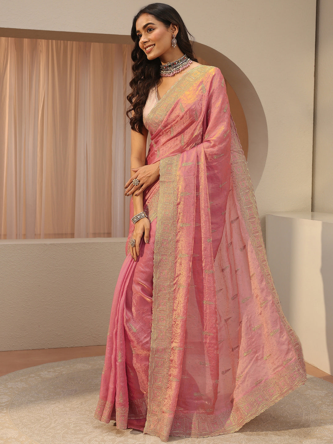  Coral Pink Ethnic Embellished Tissue Saree 