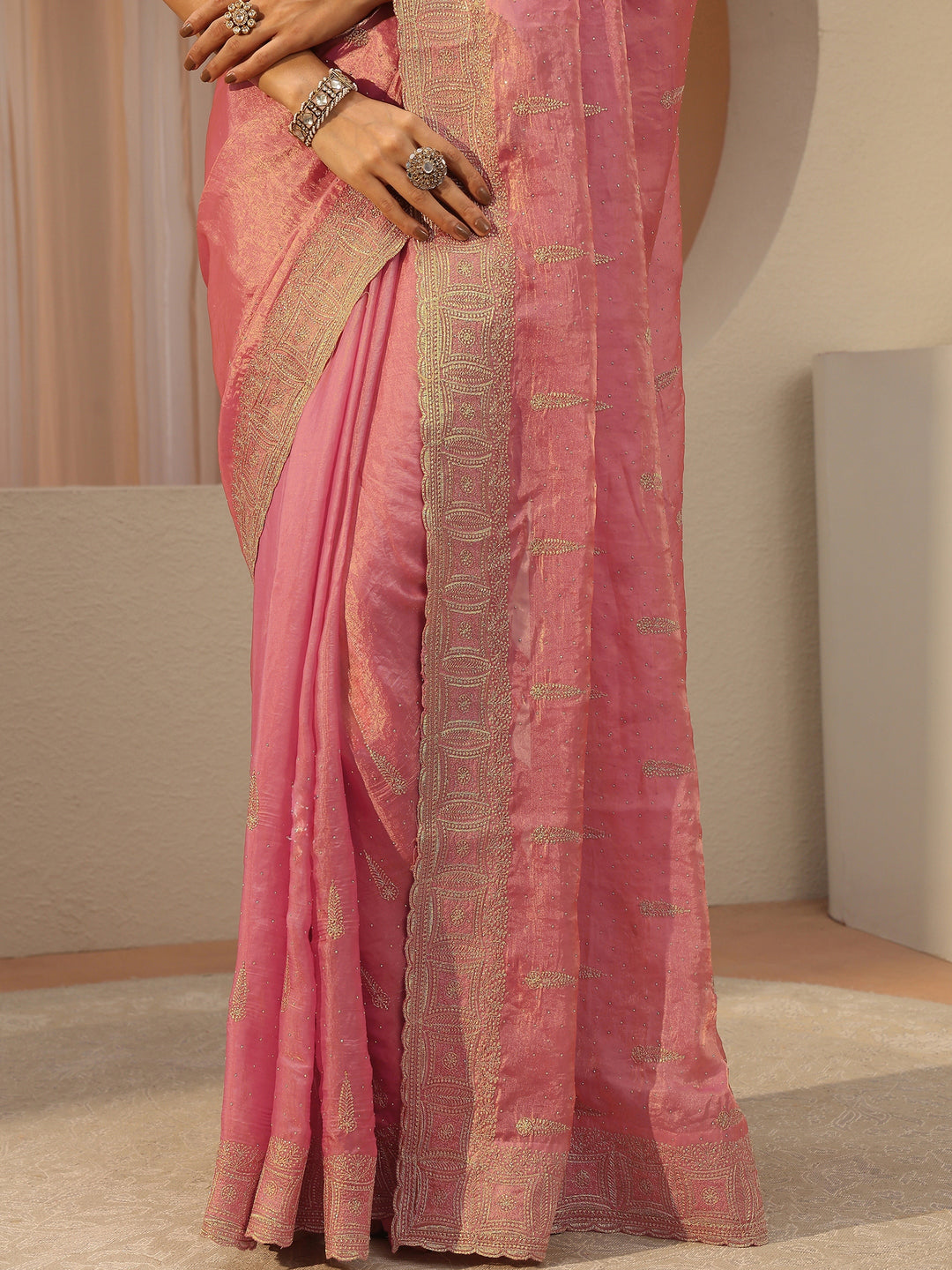  Coral Pink Ethnic Embellished Tissue Saree 