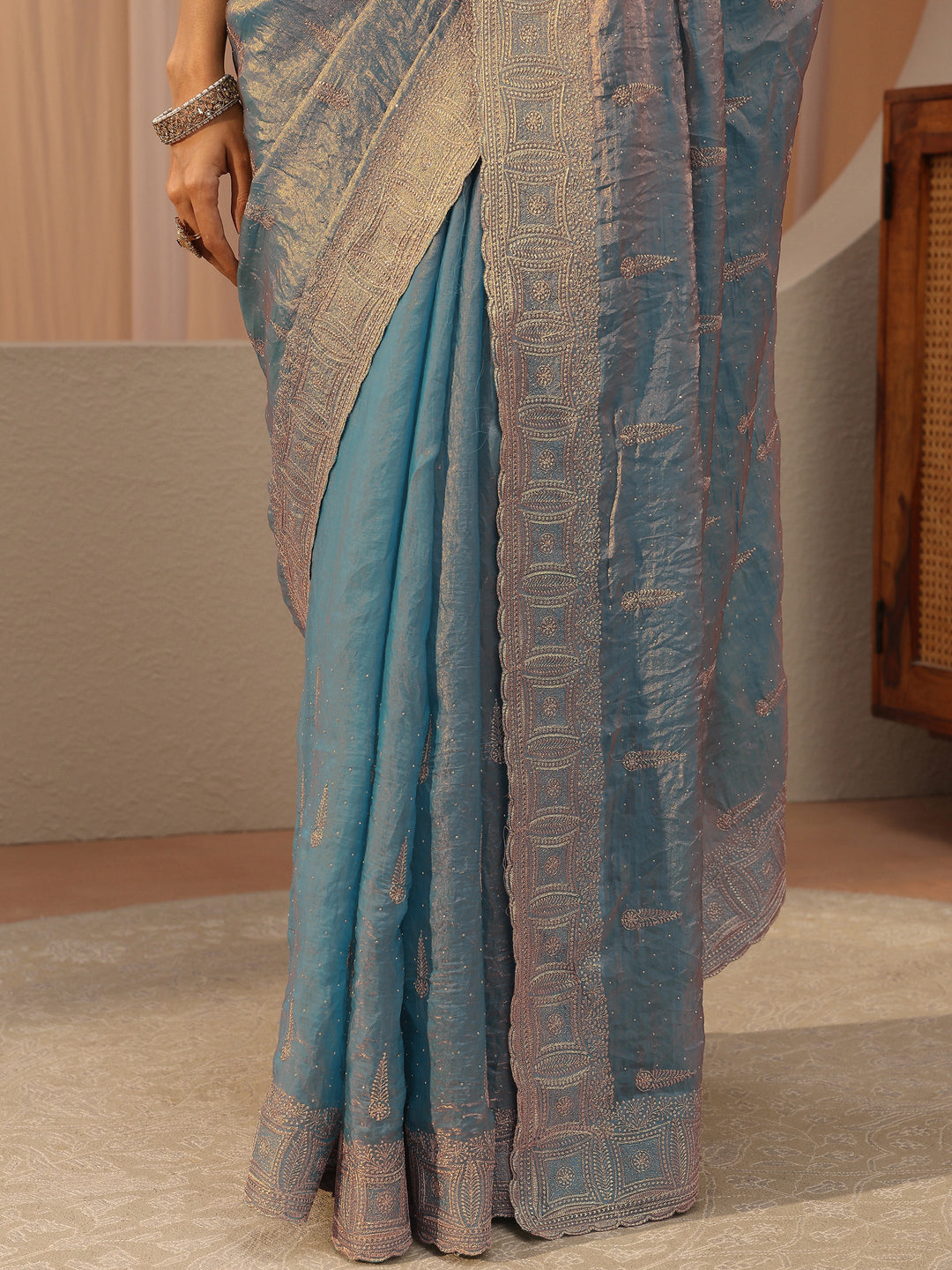  Powder Blue Ethnic Embellished Tissue Saree 