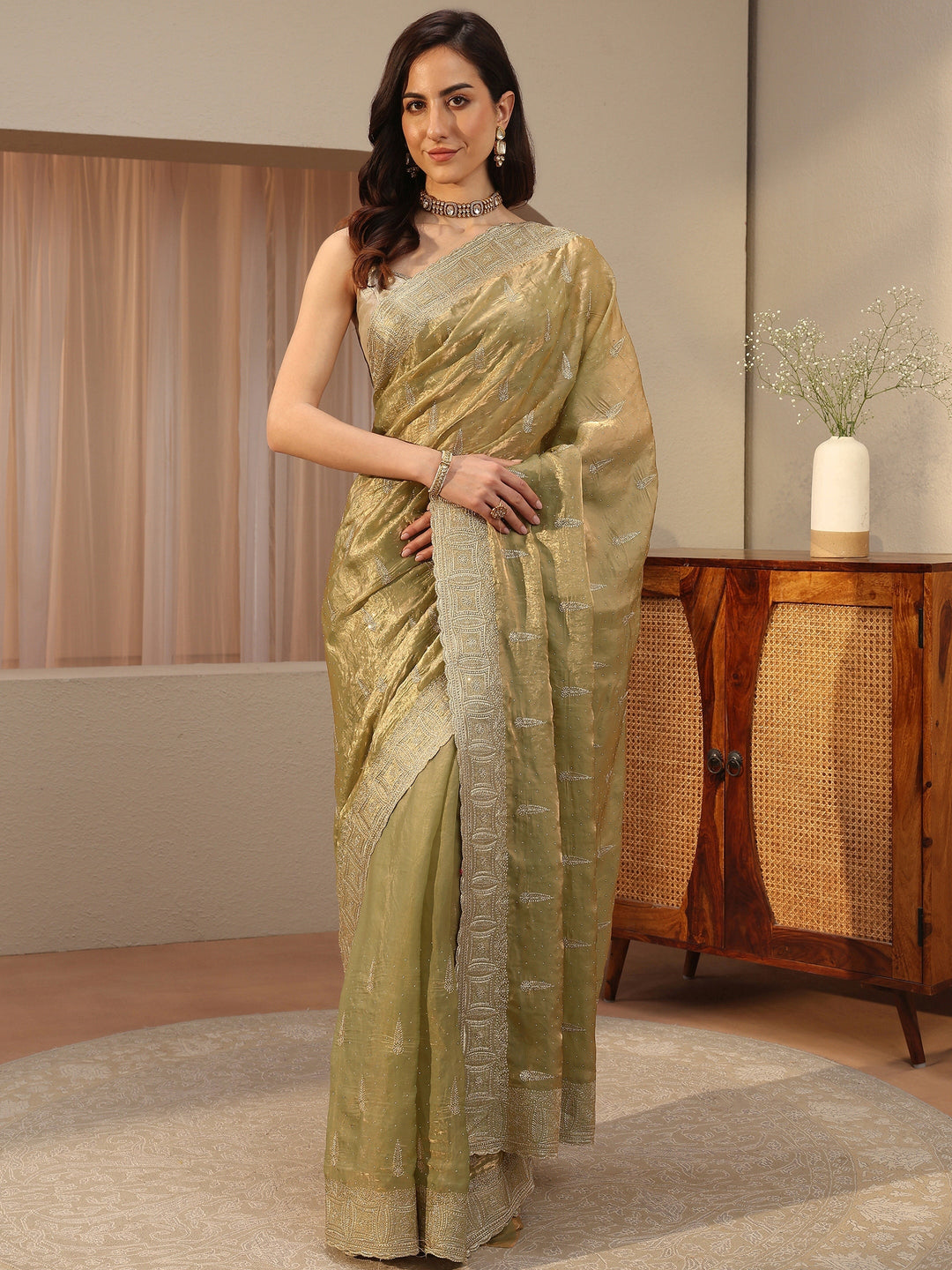  Sage Green Ethnic Embellished Tissue Saree 