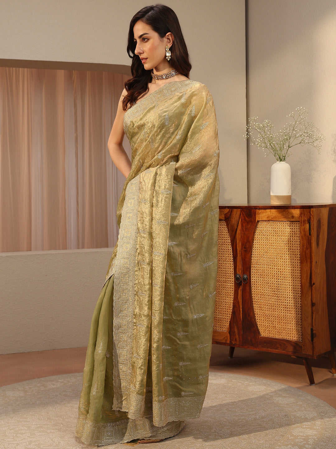  Sage Green Ethnic Embellished Tissue Saree 