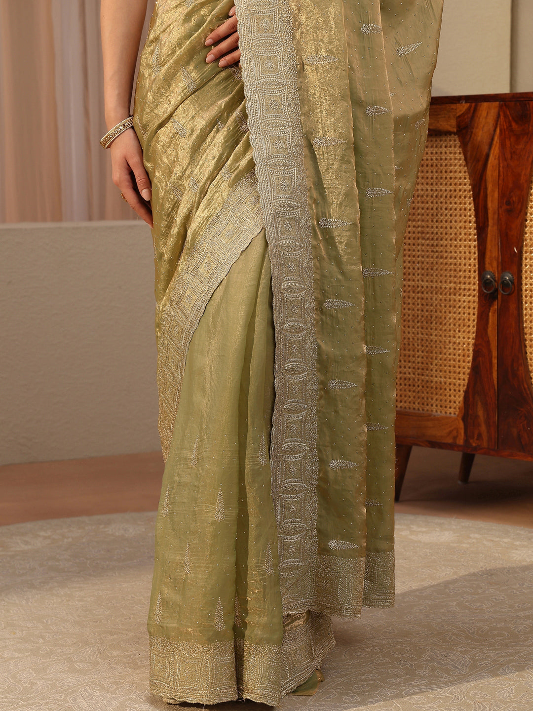 Sage Green Ethnic Embellished Tissue Saree 