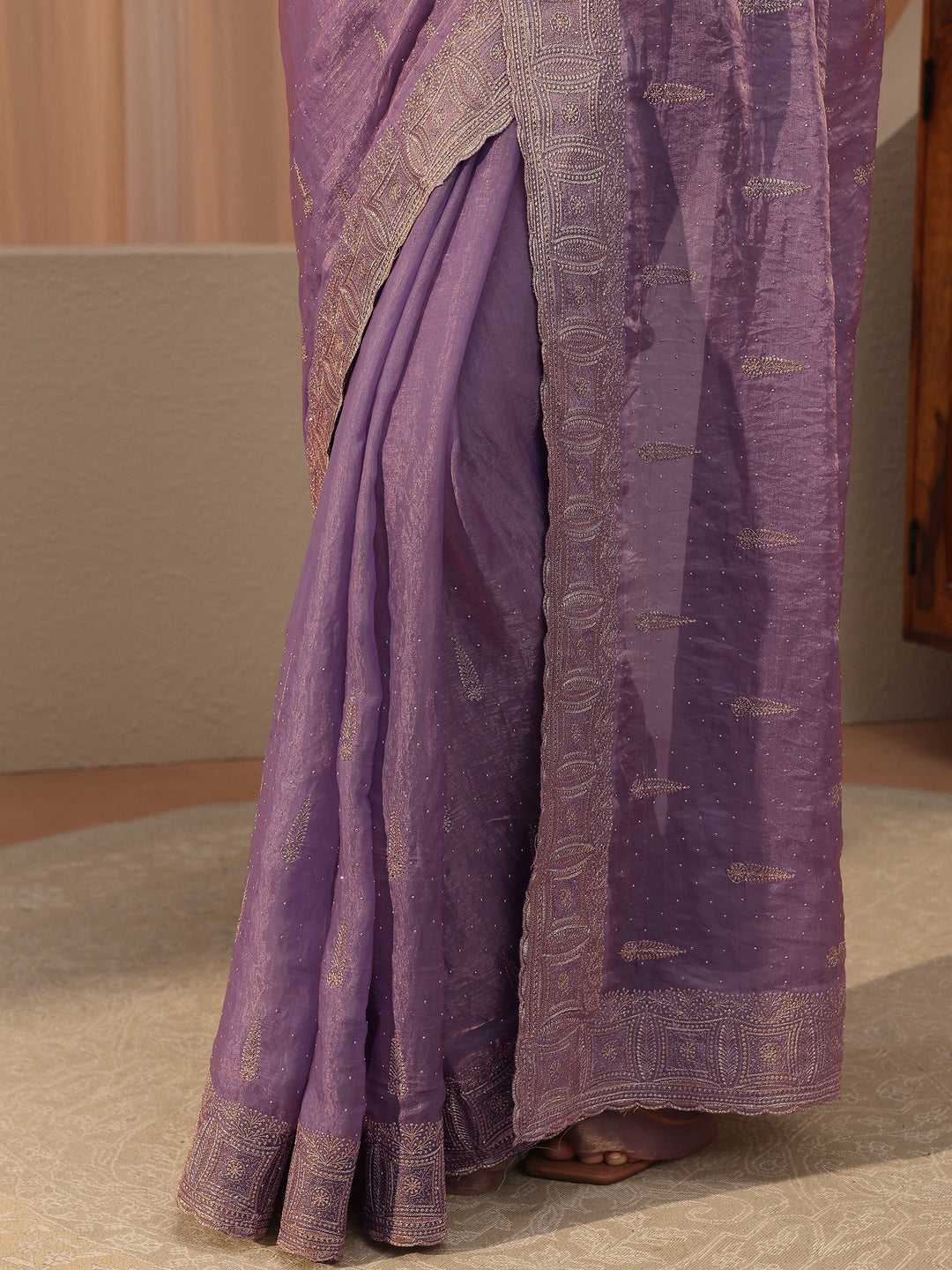  Lavender Ethnic Embellished Tissue Saree 